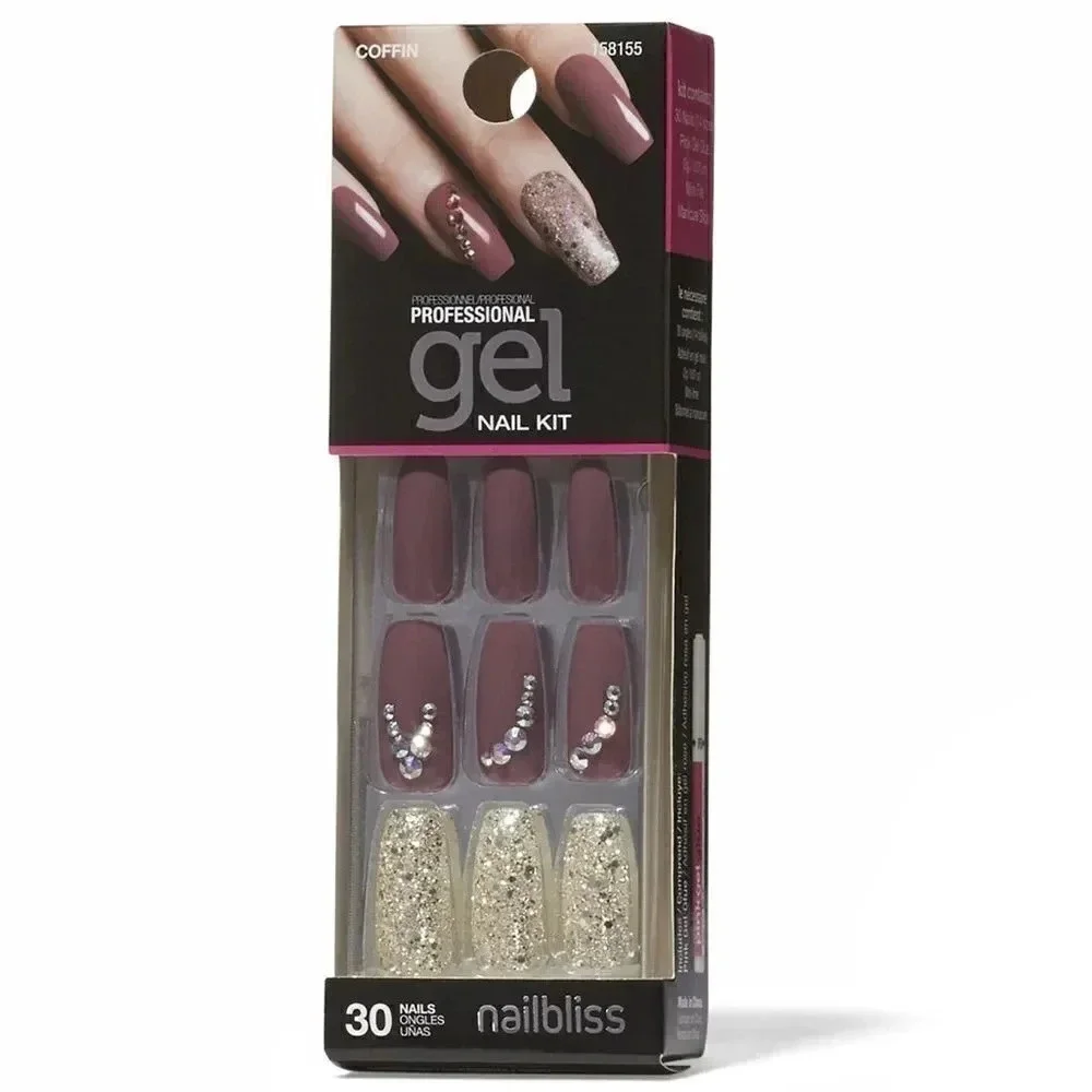 Nail Bliss Gel Nail Kit coffin style with rhinestones. Color Purple & Silver